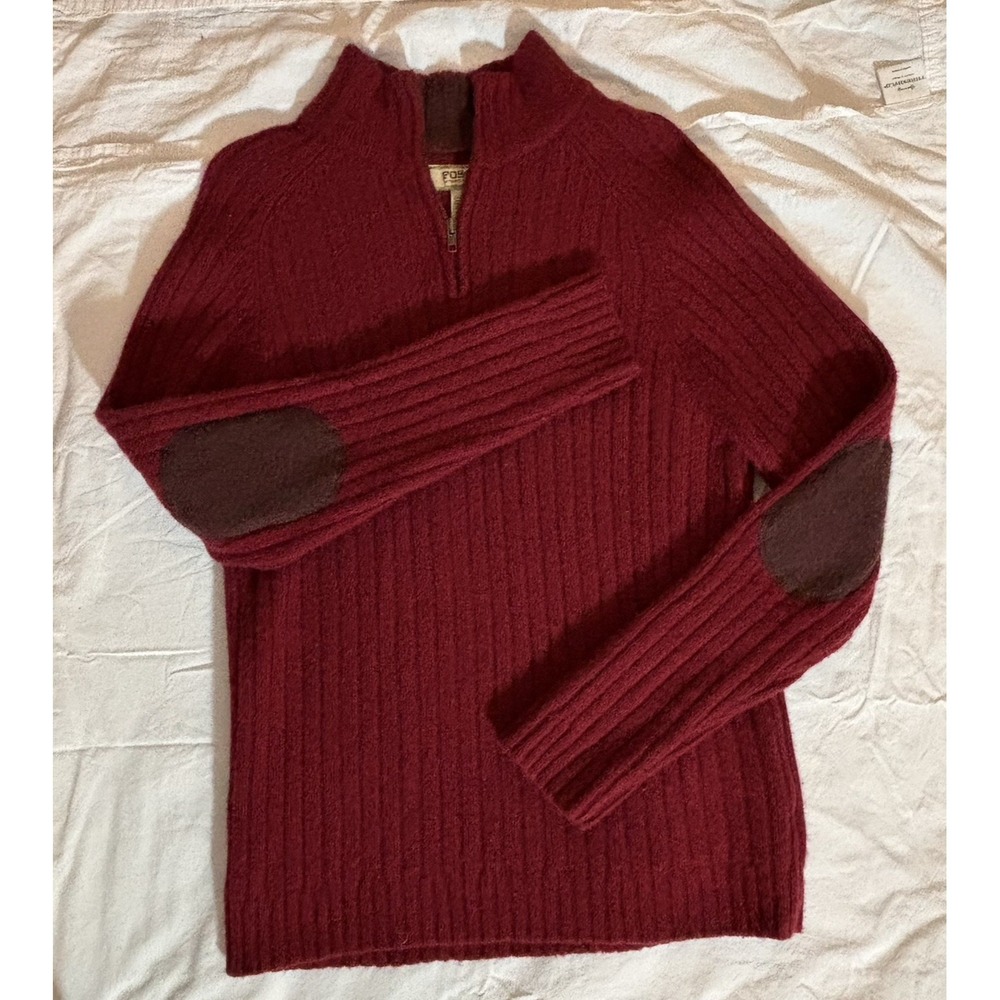 VTG Fossil 1/4 zip ribbed pullover Ribbed Elbow Patch Wool Blend Mens Sz L Red - Picture 2 of 7